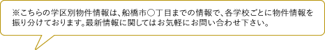 ※こちらの学区別物件情報は、船橋市○丁目までの情報で、各学校ごとに物件情報を振り分けております。最新情報に関してはお気軽にお問い合わせ下さい。