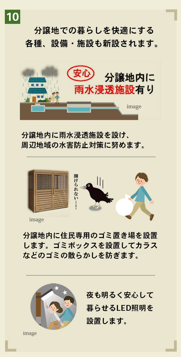 分譲地での暮らしを快適にする各種、設備・施設も新設されます。