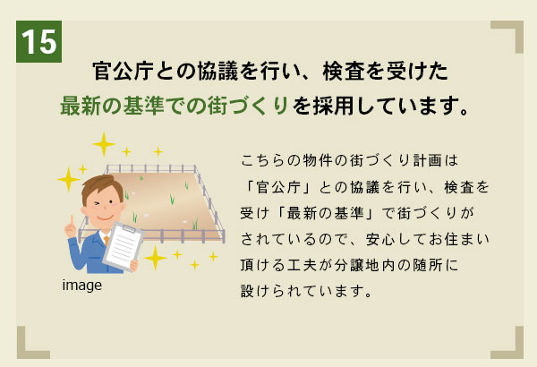 官公庁と協議を行い、審査を受けた最新の基準での街造りをさいようしています。