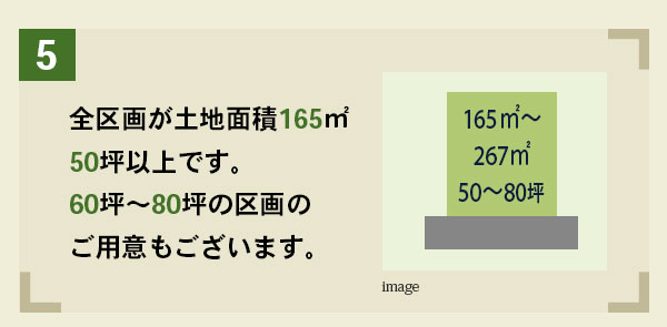 全区画が土地面積165㎡50坪以上です。 60坪?80坪の区画のご用意もございます。