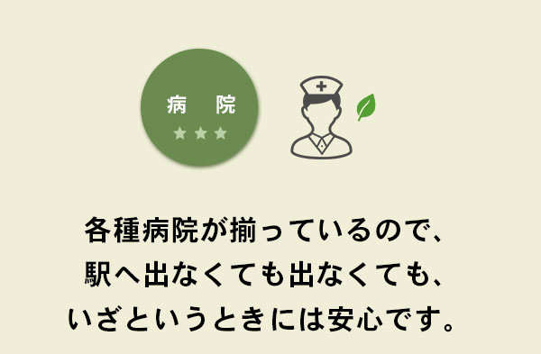 病院　各種病院が揃っているので、駅へ出なくてもいざというときには安心です。