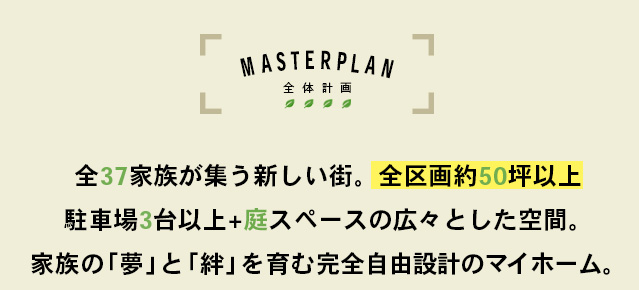 MASTER PLAN 全体計画|総開発面積9,771.72平方メートル、全37家族が集う新しい街。全区画165平方メートル・49坪以上のひろびろとした土地に家族の「夢」と「絆」を育むビッグプロジェクト始動。